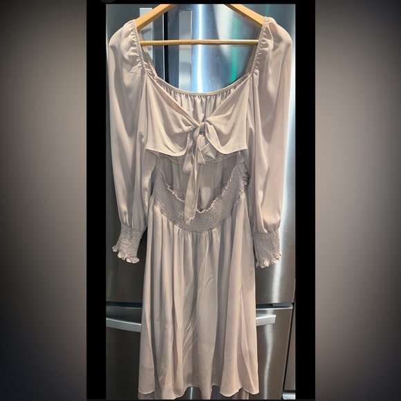 Exlura beige tan nude DRESS square Stretch Neck Long Ruffle sleeve Flowy Ties 2X - Picture 2 of 14